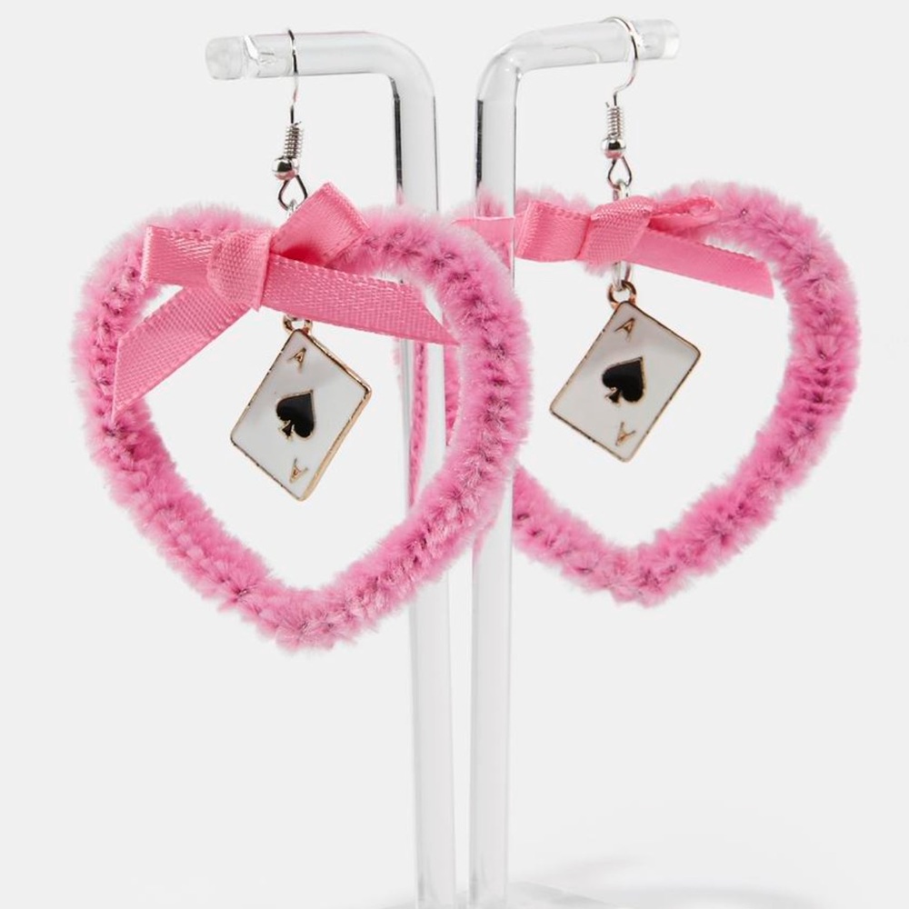 Sugar Thrillz Fuzzy Heart Playing Card Earrings, Jennifer’s Body Heart Earrings